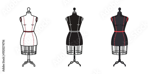 Three dressmaker's mannequins with different colored dress forms on adjustable stands for sewing and fashion design isolated on white background for textile industry and clothing creation