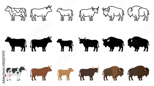 Set of farm and wild bovine animal illustrations showing a cow, bull, calf, ox, and bison in three styles: simple outline, solid black silhouette, and flat color design