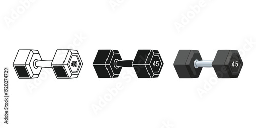 Dumbbells in various styles and colors including black white and gray for fitness and workout routines with different weights
