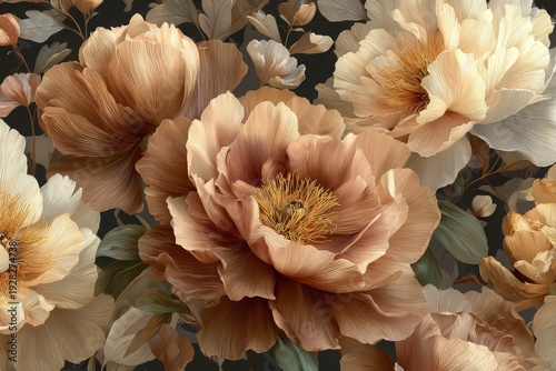 Elegant, chic, vintage seamless repeatable pattern including big brown flowers in full bloom