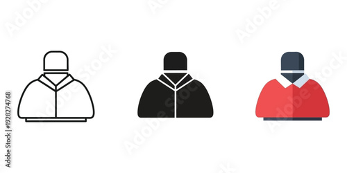 Three hooded sweatshirt icons in white black and red on a plain background for design and fashion use
