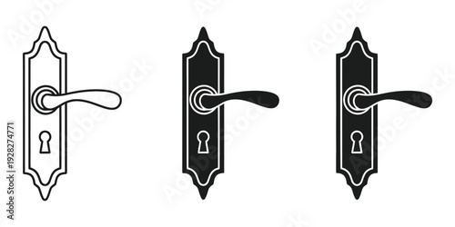 Three door handles with keyhole in different styles and colors on white background for design and architecture