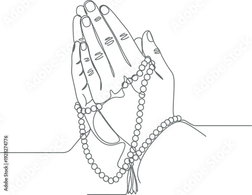 Minimalist single line drawing depicts two hands clasped together in prayer holding a string of prayer beads suggesting spirituality and devotion in a simple artistic style.