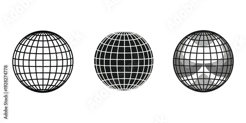 Three wireframe spheres with grid patterns on white background for design and technology concepts