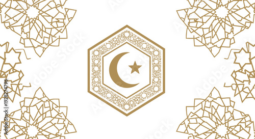 Elegant golden crescent moon and star emblem centered within an intricate hexagonal geometric border set against a deep black background with subtle arabesque patterns in the corners.