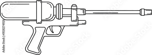 Simple line art illustration depicting a classic water blaster toy gun featuring a long nozzle and integrated water reservoir for summer fun and outdoor play activities