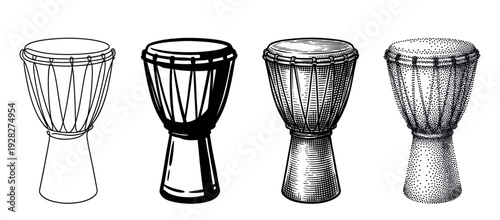 Four djembe drum illustrations in different artistic styles, including continuous line, solid black ink, detailed engraving, and stippling pointillism for a creative concept