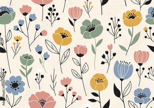 Vibrant watercolor floral vector background pattern inspired by cheerful spring gardens