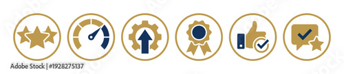 Set of six gold and blue business icons representing quality, performance, improvement, and customer satisfaction in a minimalist flat graphic style for corporate presentations