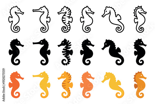 Collection of seahorse vector icons in various styles including outline, silhouette, and flat color designs, showing a simple and stylized set of sea animal illustrations