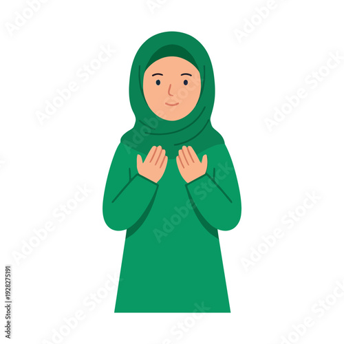 Flat vector illustration of a Muslim woman praying with raised hands