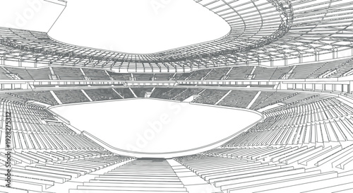 Detailed architectural wireframe drawing illustrating the expansive seating tiers and complex roof structure of a large modern sports stadium ready for event planning.