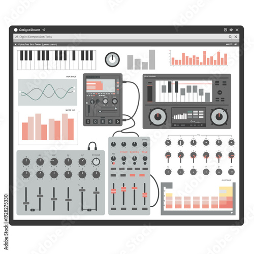A detailed illustration of a digital audio workstation interface with various music production tools.