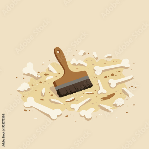 A small brush is carefully uncovering fossilized bones and debris in a sandy excavation site.
