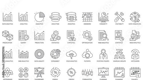 Data analytics icons set, statistics dashboard charts prediction optimization web analysis tools, business intelligence, visualization, line vector illustration collection