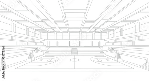 Empty interior line art drawing of a large professional basketball arena featuring spectator seating tiers and a regulation court ready for game day action or coloring