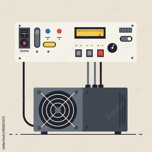 A flat design illustration of electronic test equipment with a power supply unit and various controls.