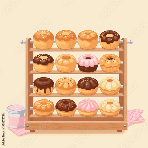 A wooden multi-tiered rack displaying a variety of delicious donuts and pastries with assorted toppings and glazes.