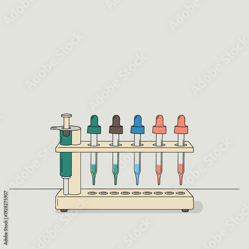 A laboratory rack holding six pipettes filled with different colored liquids, with a syringe attached to one pipette.