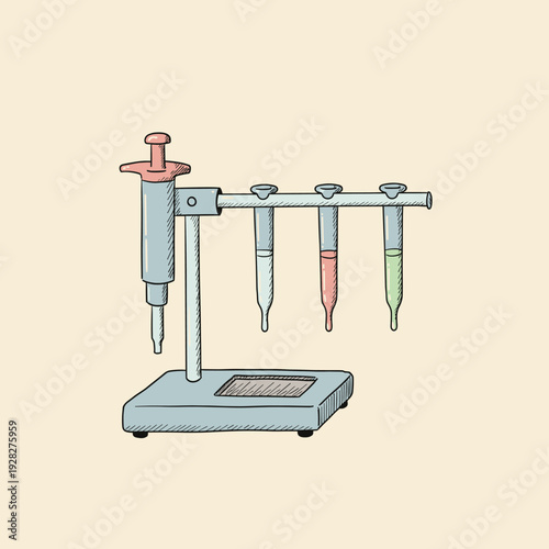 A laboratory setup featuring a pipette dispenser holding four different colored liquids in test tubes on a stand.