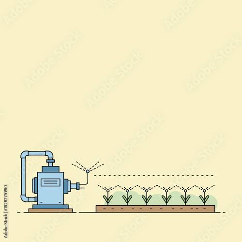 Automated irrigation system watering a row of young plants in a field, illustrating modern agricultural technology.