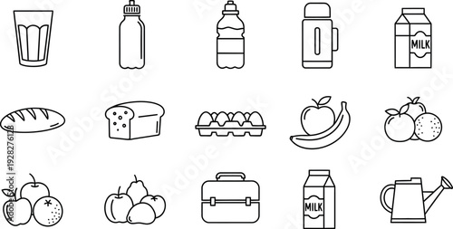 Collection of monochrome line art icons representing essential grocery items and containers for meal preparation or grocery shopping concepts on a white background