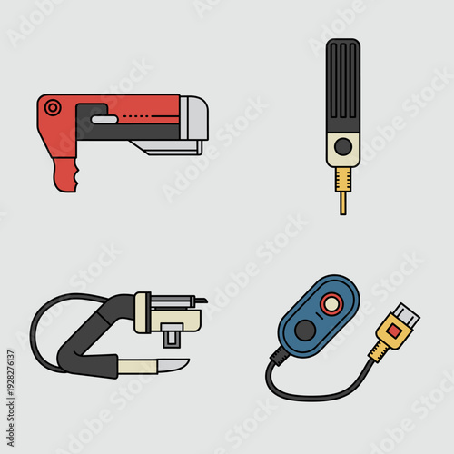 A collection of four distinct electronic and mechanical devices, including a power tool, a microphone, a cable assembly, and a USB remote control.