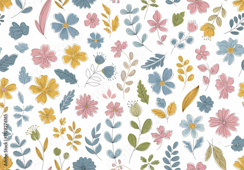 Seamless floral vector background with whimsical watercolor flowers and lively botanical feel