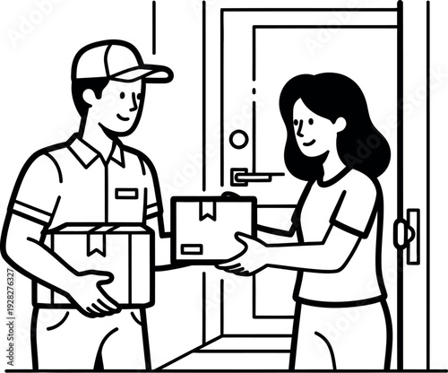 Friendly delivery person handing over packages to a smiling woman at her doorway representing successful e-commerce fulfillment and convenient shipping services