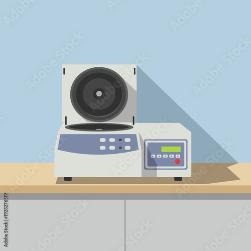 A laboratory centrifuge with its lid open, displaying its rotor and control panel.