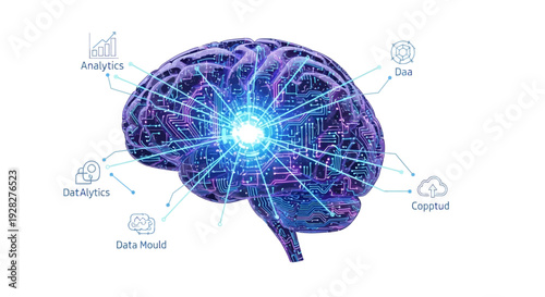 Artificial intelligence icon set, includes brain, analytics, cloud, data, and algorithm symbols, Created in modern style with purple and blue palette