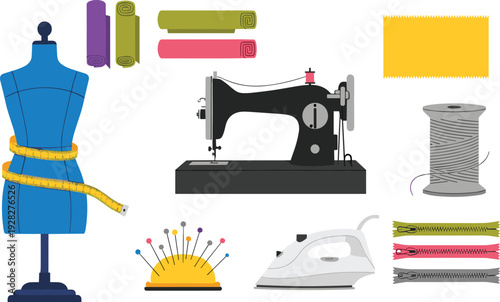 Vector Illustration of Sewing Tools and Equipment Including Sewing Machine, Mannequin, Fabric, and Pins