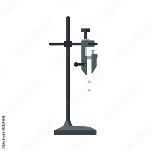 A laboratory stand with a burette clamped to it, dispensing liquid drops.
