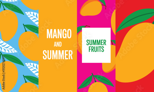 A vibrant illustration of stylized yellow mangoes and tropical leaves, creating a cheerful and refreshing summer atmosphere with bright, flat colors.