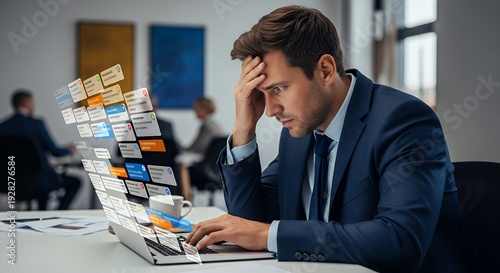 Corporate professional overwhelmed by calendar notifications popping up on laptop screen tense posture realistic lighting