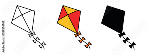 Traditional diamond kite graphic with a colorful red and yellow design, provided in line art and silhouette formats.