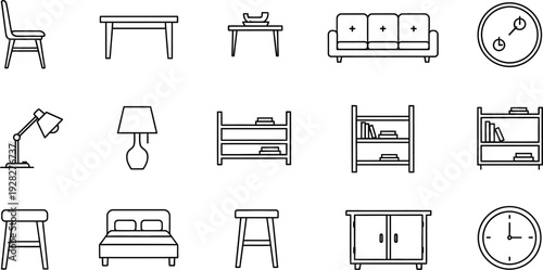 Collection of simple black outline icons representing various household furniture items and decor pieces essential for interior design concepts