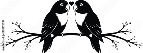 Lovebirds Couple Sitting on a Branch with Heart cad drawing flat vector illustration silhouette for romantic wedding and valentines design