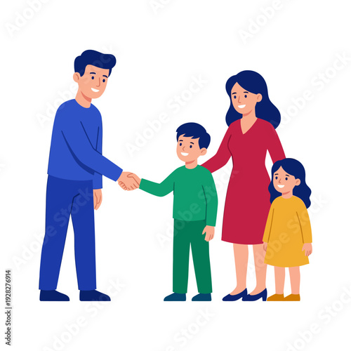 Flat vector illustration of a smiling family with parents and two children standing together. Represents family values and togetherness