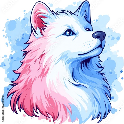 Fluffy dog with blue and pink fur stands proudly against a vibrant background