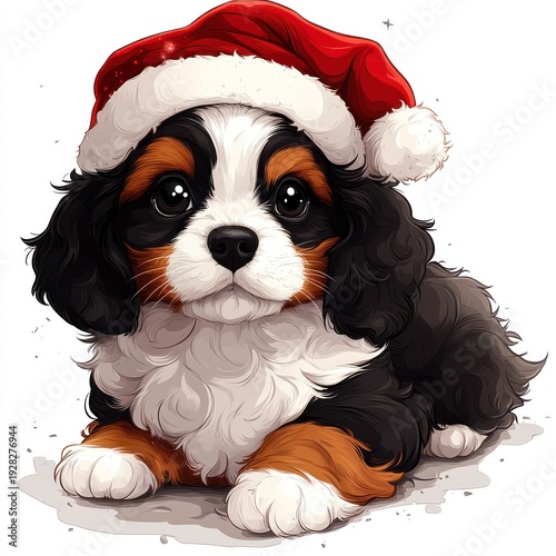 A playful dog with a red holiday hat sits quietly, radiating warmth and cheer