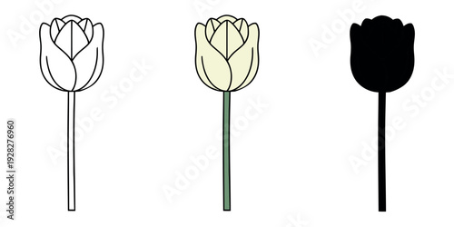 Cream colored white tulip icons in outline, flat color, and silhouette styles. Clean and elegant floral symbols for minimalist design.