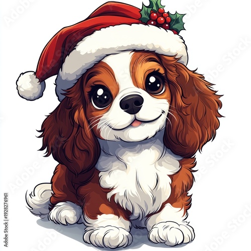 Cute fluffy puppy with a red hat smiles warmly, embodying the spirit of the holidays