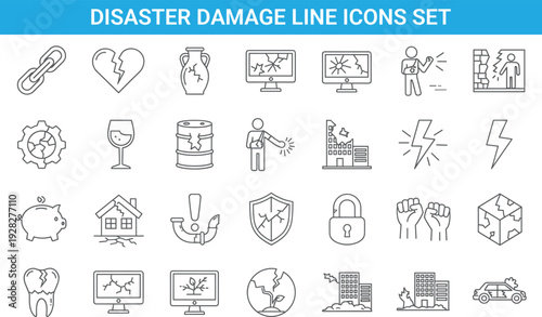 Disaster damage line icons set, broken objects, crisis symbols, destruction, emergency, risk, accident, safety, problem, warning, vector collection