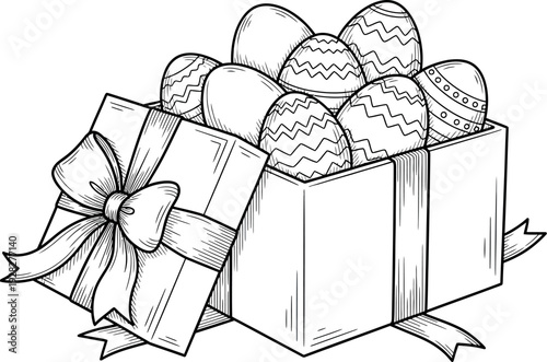 Black and white line art illustration of a festive open gift box filled to the brim with beautifully decorated, intricately patterned easter eggs ready for celebration.