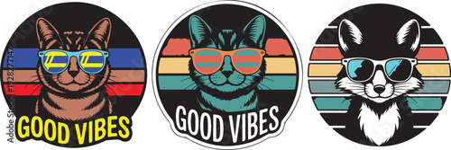Three graphic animal heads with sunglasses in colorful retro striped circles and good vibes text