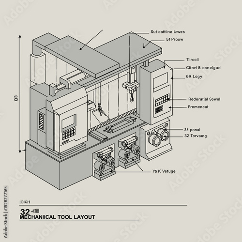 Isometric illustration showcasing the mechanical tool layout of a complex industrial machine, detailing its various components and functions.