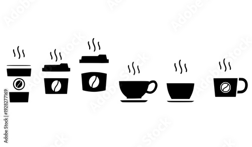 Flat Coffee and Tea Cup Vector Set with Disposable Takeaway Mug and Steaming Hot Beverage Icons