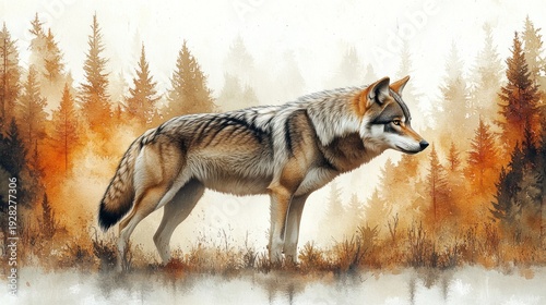 Wolf gazes through vibrant autumn trees, embodying wild beauty in a serene forest setting