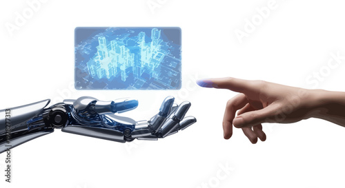 Human hand and robotic hand touching screens